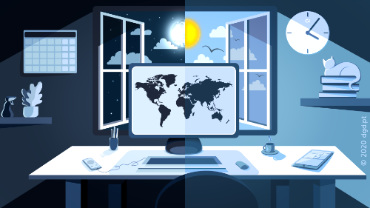 illustration of laptop desk by day and night in remote work from home office workspace environment